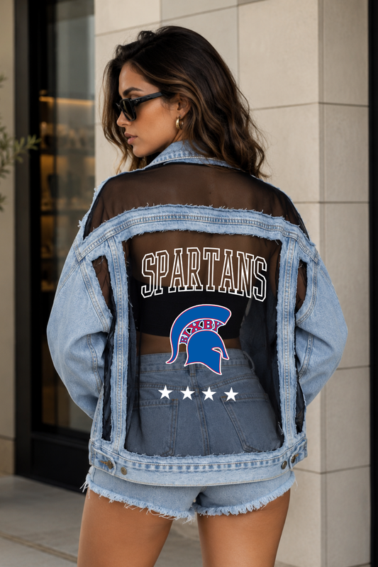 BIXBY SPARTANS DISTRESSED DENIM AND MESH JACKET