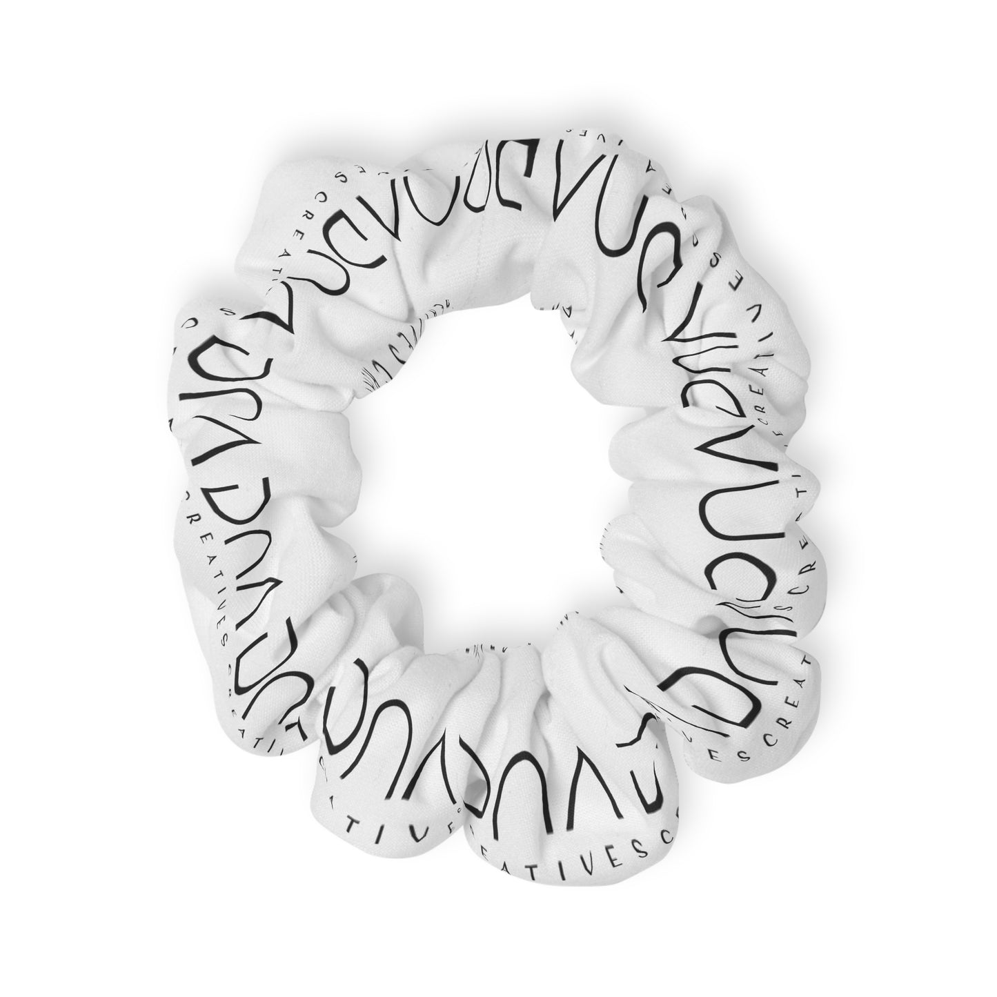 Minimal Black Script Scrunchie — Handwritten Word Pattern Hair Tie