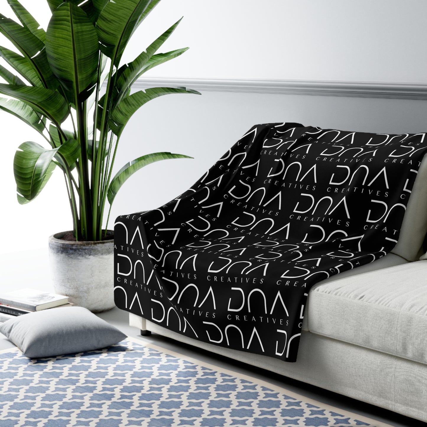 Sherpa Fleece Blanket — Black Repeat "DNA Creatives" Logo Cozy Throw