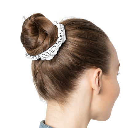 Minimal Black Script Scrunchie — Handwritten Word Pattern Hair Tie