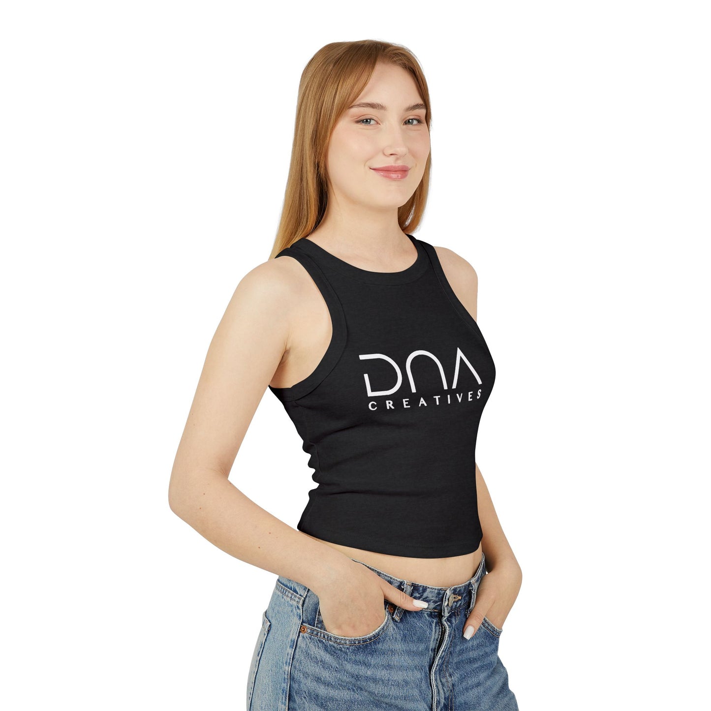 Ribbed Racer Tank Top — Women's Cropped White Micro-Rib Casual Tank