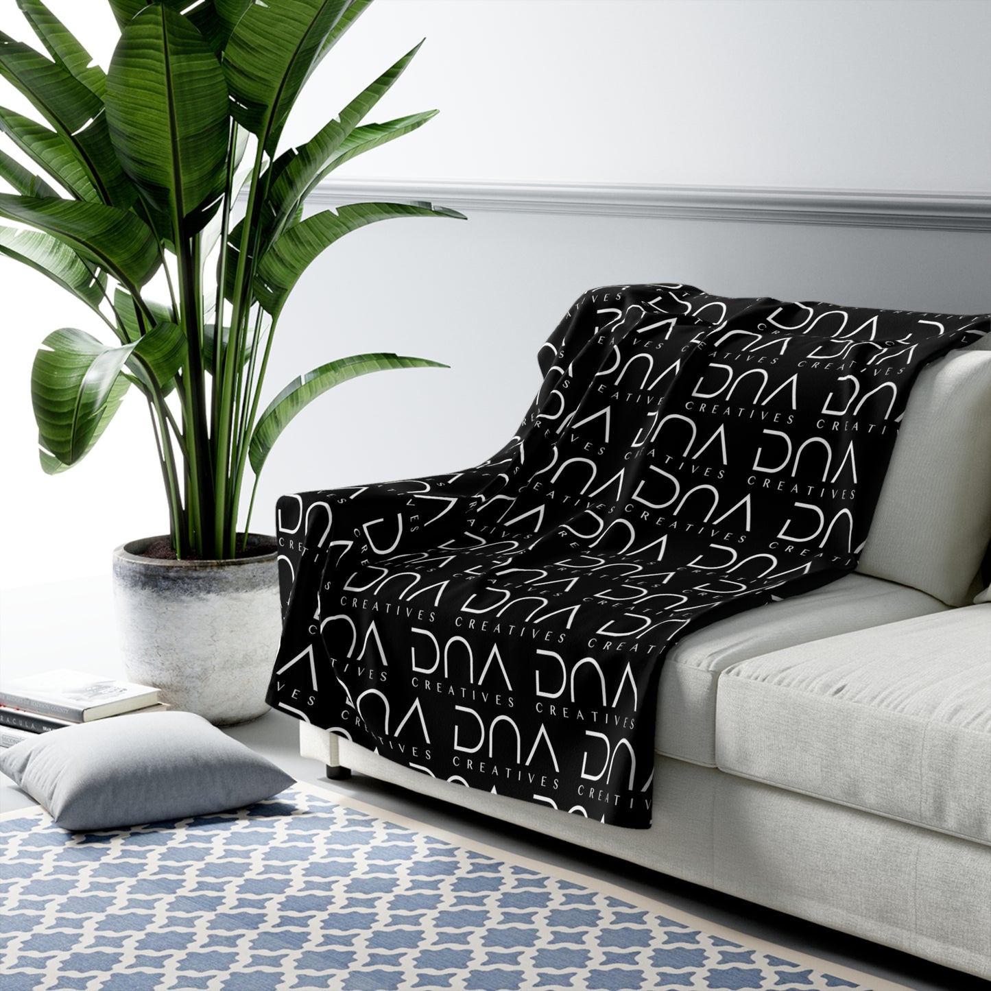 Sherpa Fleece Blanket — Black Repeat "DNA Creatives" Logo Cozy Throw