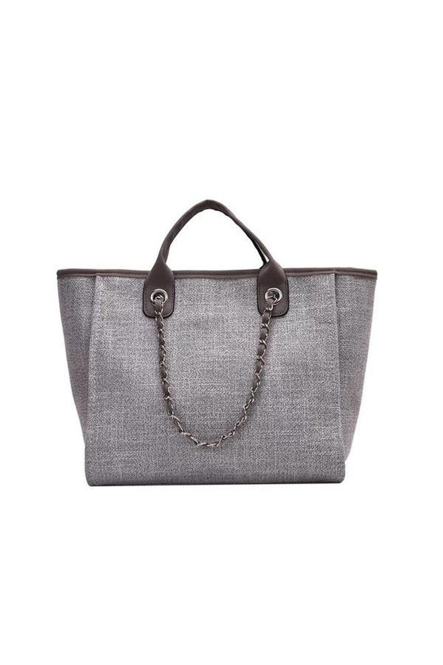 Grey Woven "LIVIA" Tote Bag with Chain Straps - Front View | Gameday Couture - SOHO