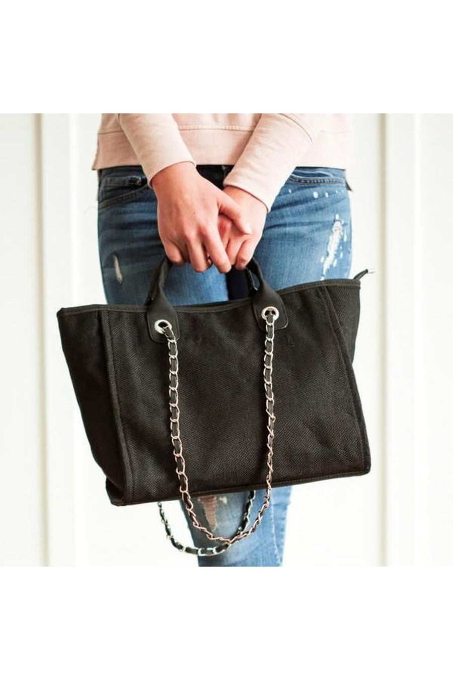 THE "LIVIA" WOVEN TOTE BAG IN BLACK - Side View On Model | Gameday Couture - SOHO