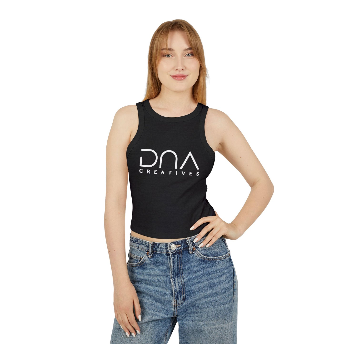 Ribbed Racer Tank Top — Women's Cropped White Micro-Rib Casual Tank