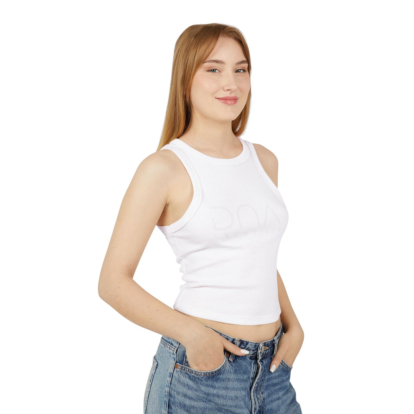 Ribbed Racer Tank Top — Women's Cropped White Micro-Rib Casual Tank