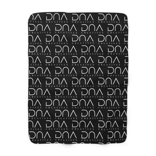 Sherpa Fleece Blanket — Black Repeat "DNA Creatives" Logo Cozy Throw