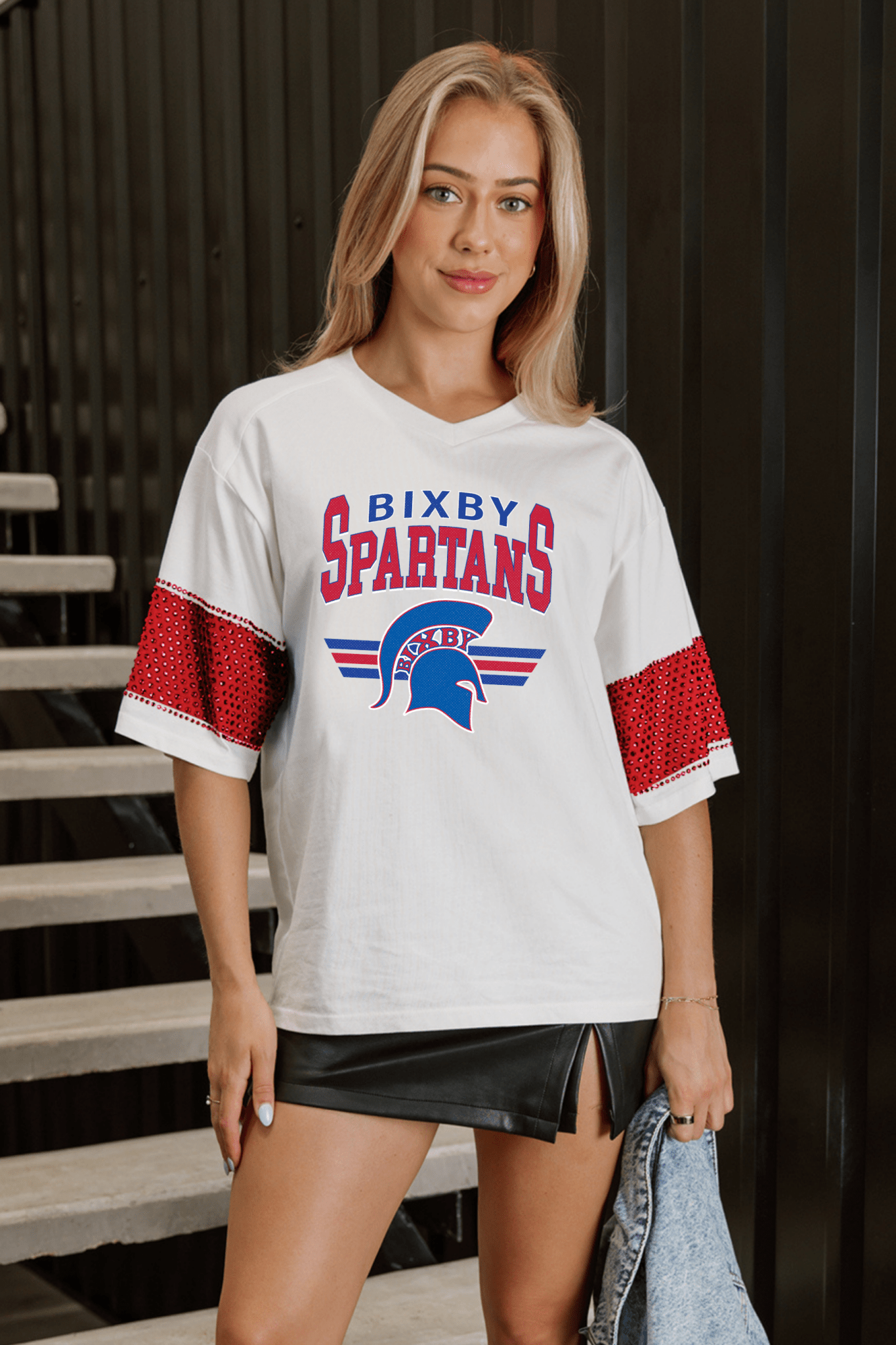 BIXBY SPARTANS VARSITY RHINESTONE STRIPE TEE - The Club