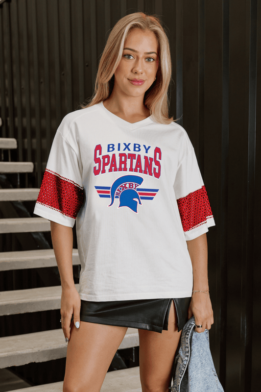 BIXBY SPARTANS VARSITY RHINESTONE STRIPE TEE - The Club
