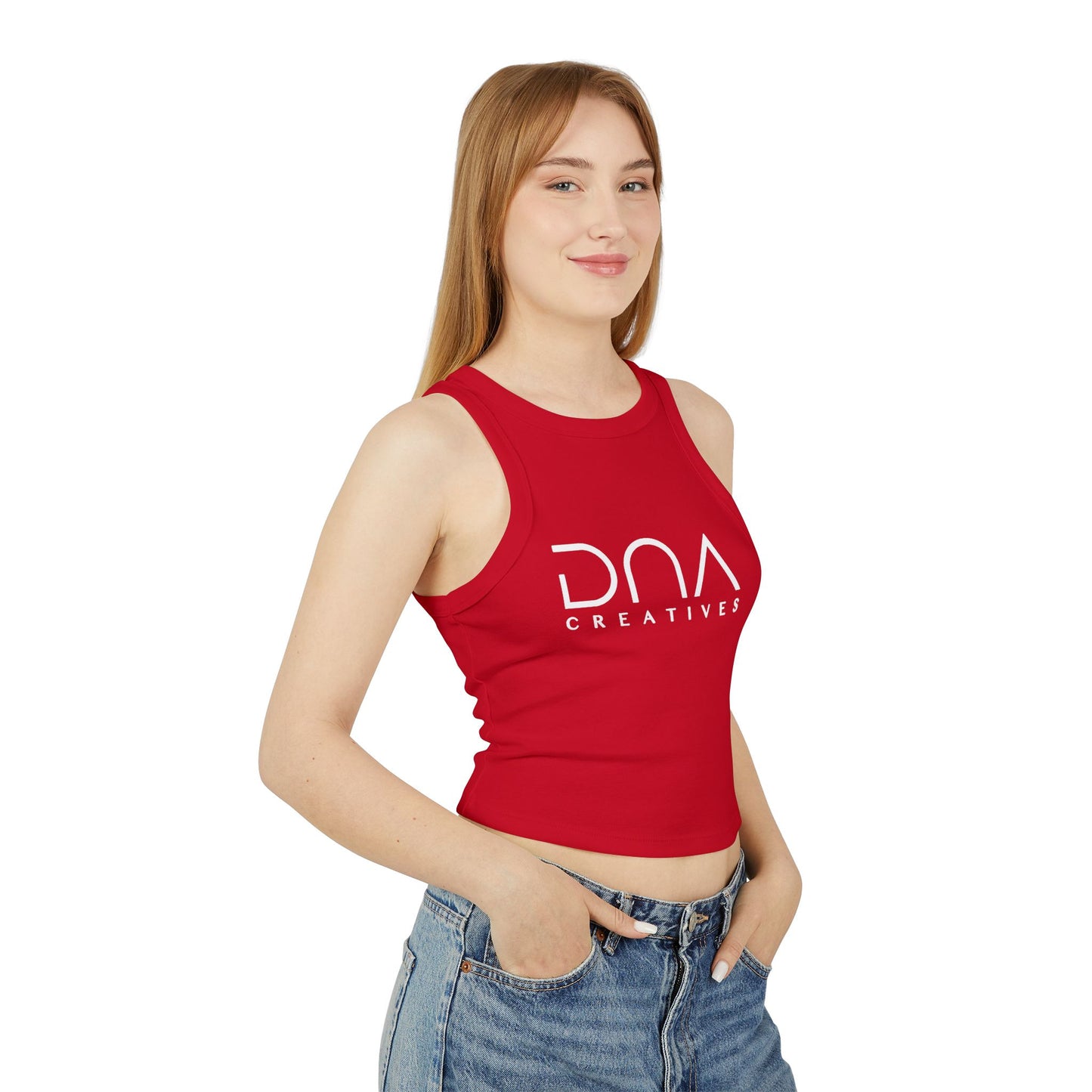Ribbed Racer Tank Top — Women's Cropped White Micro-Rib Casual Tank
