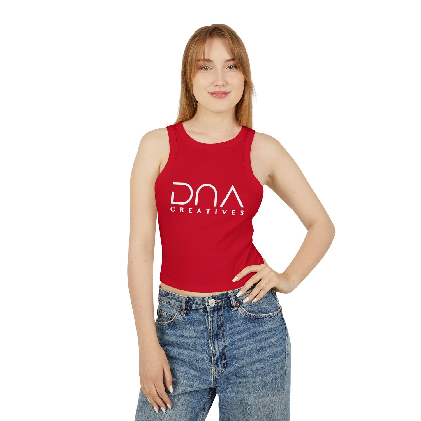 Ribbed Racer Tank Top — Women's Cropped White Micro-Rib Casual Tank