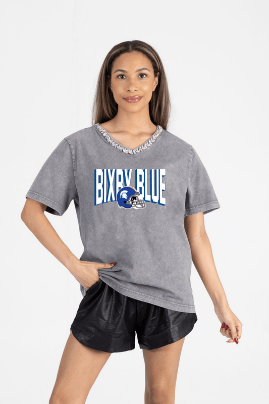 BIXBY BLUE FOOTBALL RHINESTONE V - NECK TEE - The Club