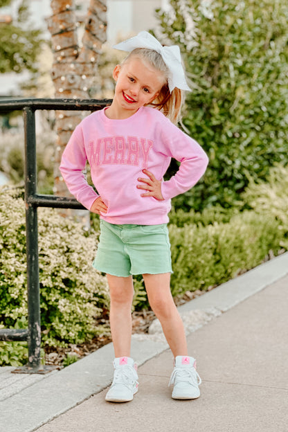 MERRY VARSITY LETTERS TODDLER CREW SWEATSHIRT IN LIGHT PINK