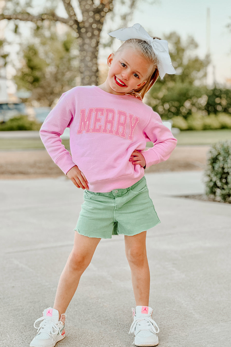 MERRY VARSITY LETTERS TODDLER CREW SWEATSHIRT IN LIGHT PINK