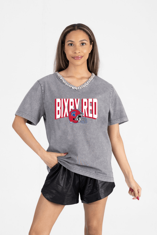BIXBY RED FOOTBALL RHINESTONE V - NECK TEE - The Club
