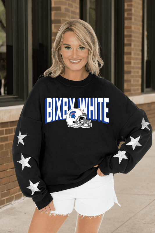 BIXBY WHITE FOOTBALL EMBELLISHED STAR SLEEVE CREWNECK SWEATSHIRT - The Club