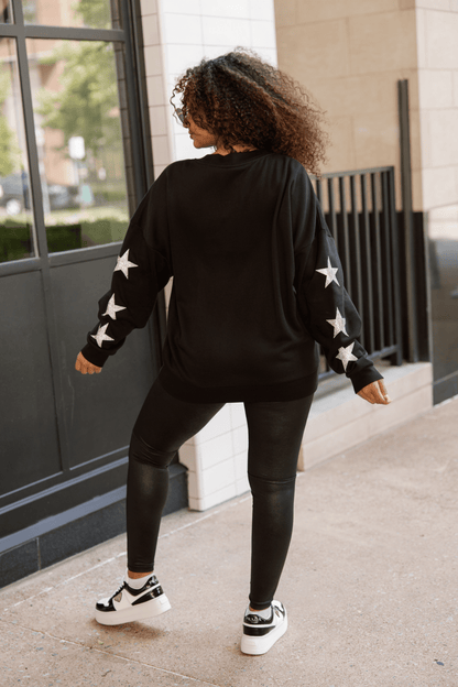 BIXBY WHITE FOOTBALL EMBELLISHED STAR SLEEVE CREWNECK SWEATSHIRT - The Club