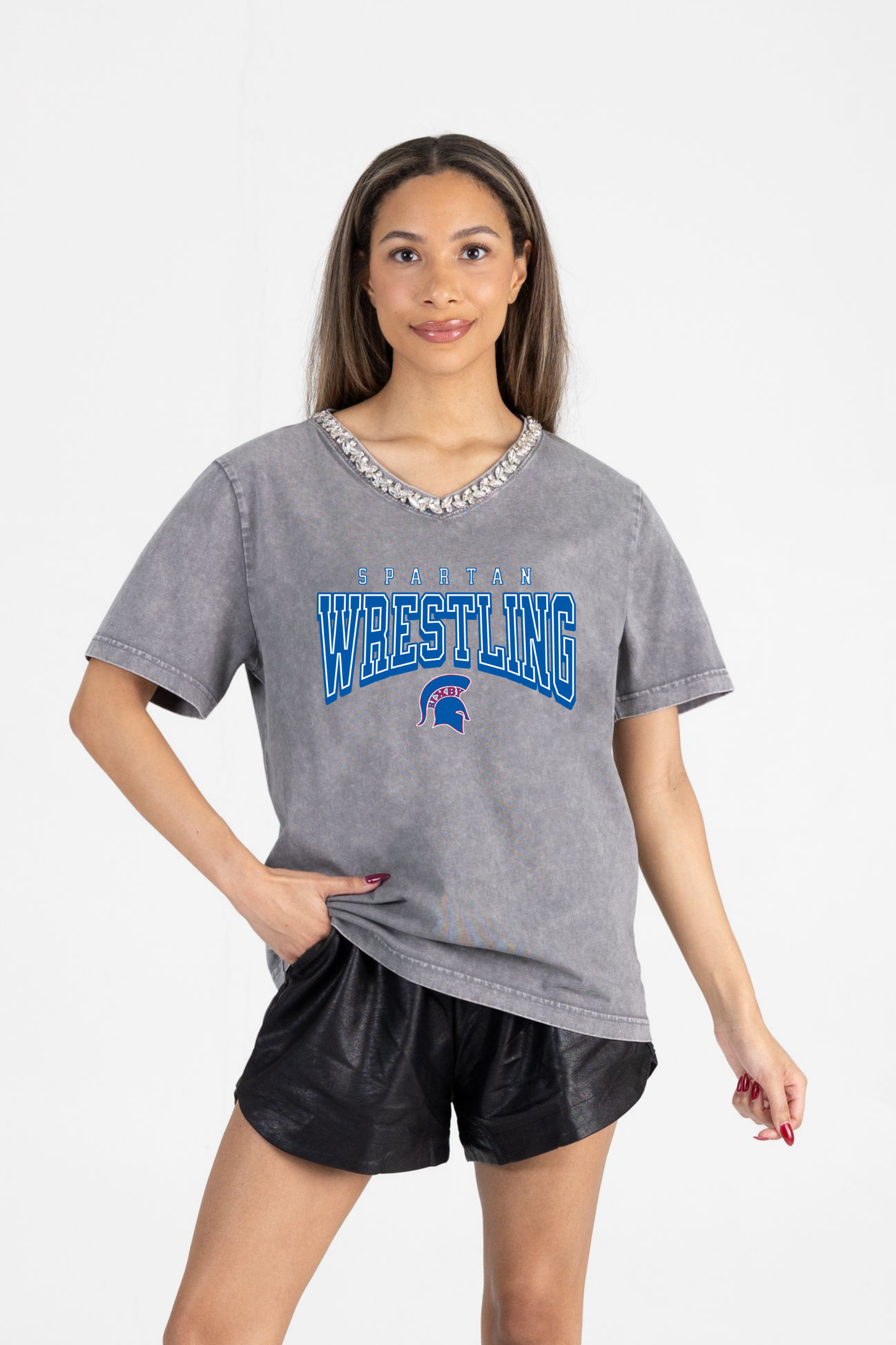 BIXBY WRESTLING RHINESTONE V-NECK TEE