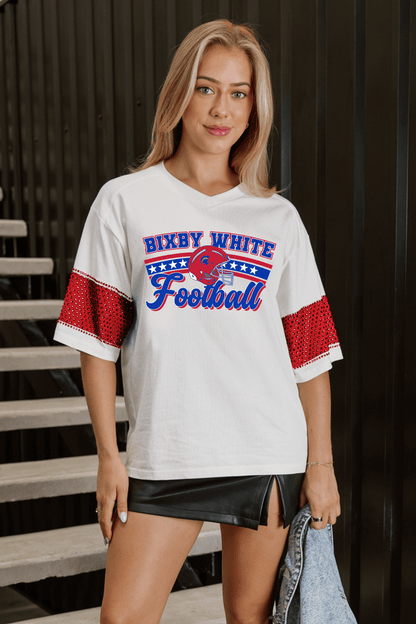 BIXBY WHITE FOOTBALL VARSITY RHINESTONE STRIPE TEE - The Club