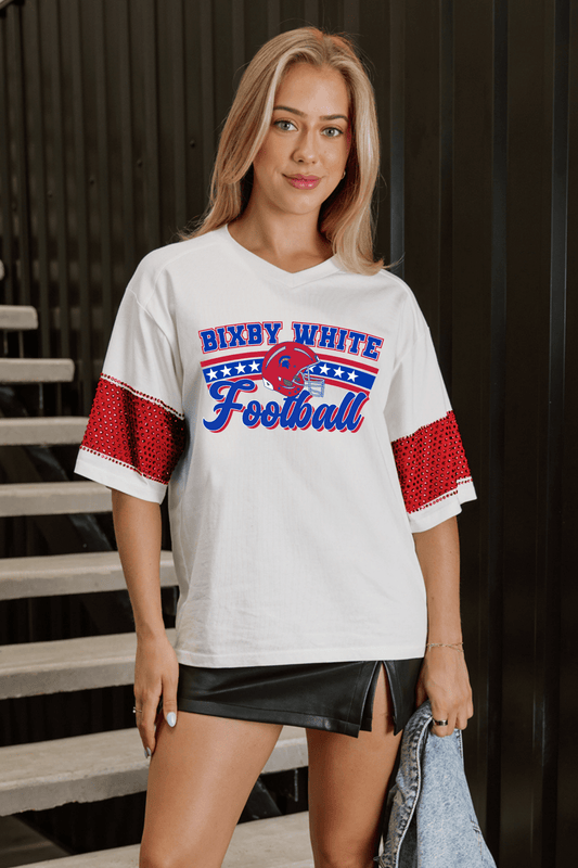 BIXBY WHITE FOOTBALL VARSITY RHINESTONE STRIPE TEE - The Club