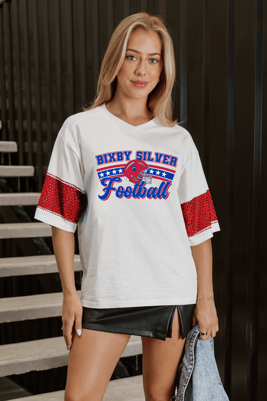 BIXBY SILVER FOOTBALL VARSITY RHINESTONE STRIPE TEE - The Club
