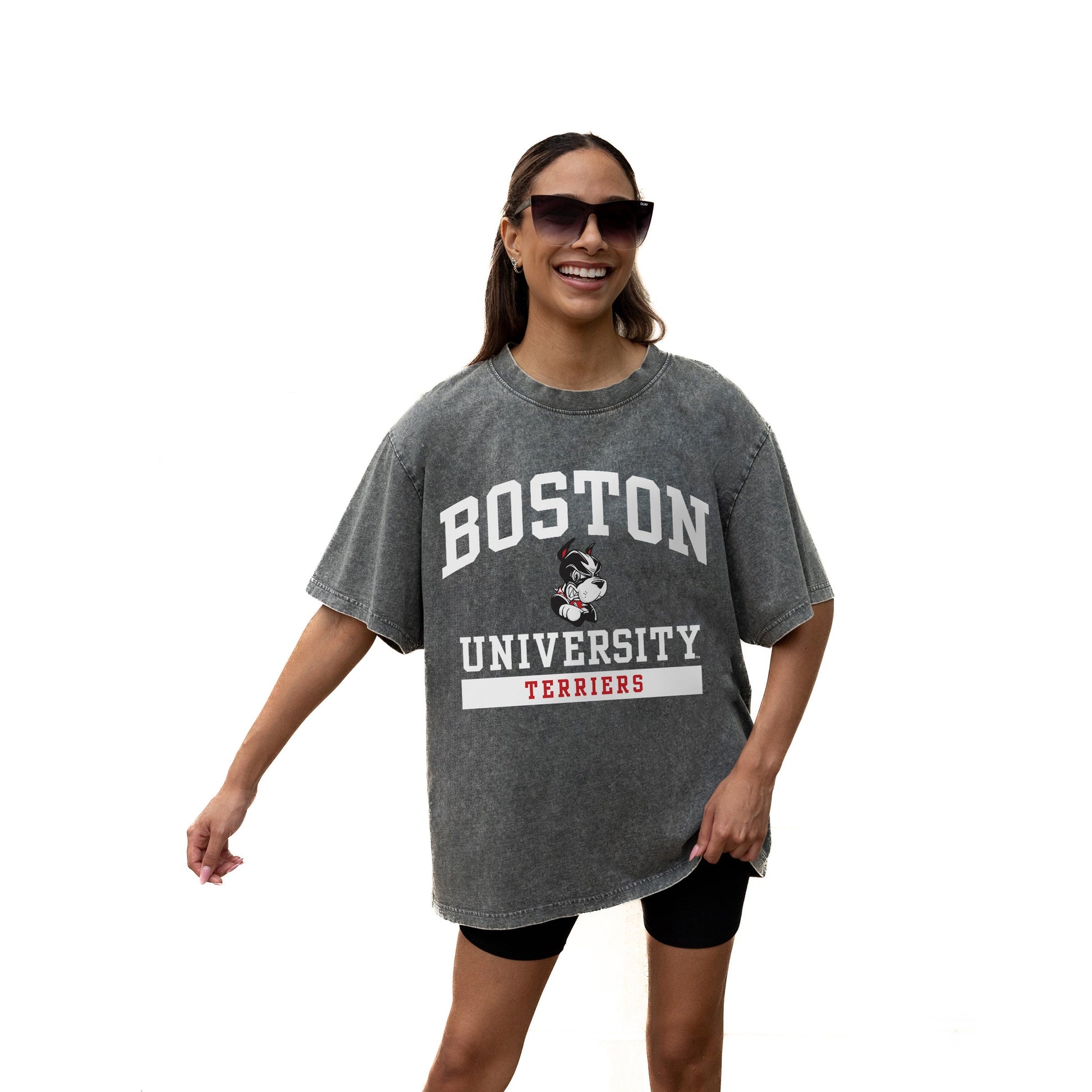 BOSTON UNIVERSITY TERRIERS THROWBACK RELAXED FIT SNOW WASH SHORT SLEEVE CLASSIC CREWNECK TEE WITH RIBBED NECKLINE