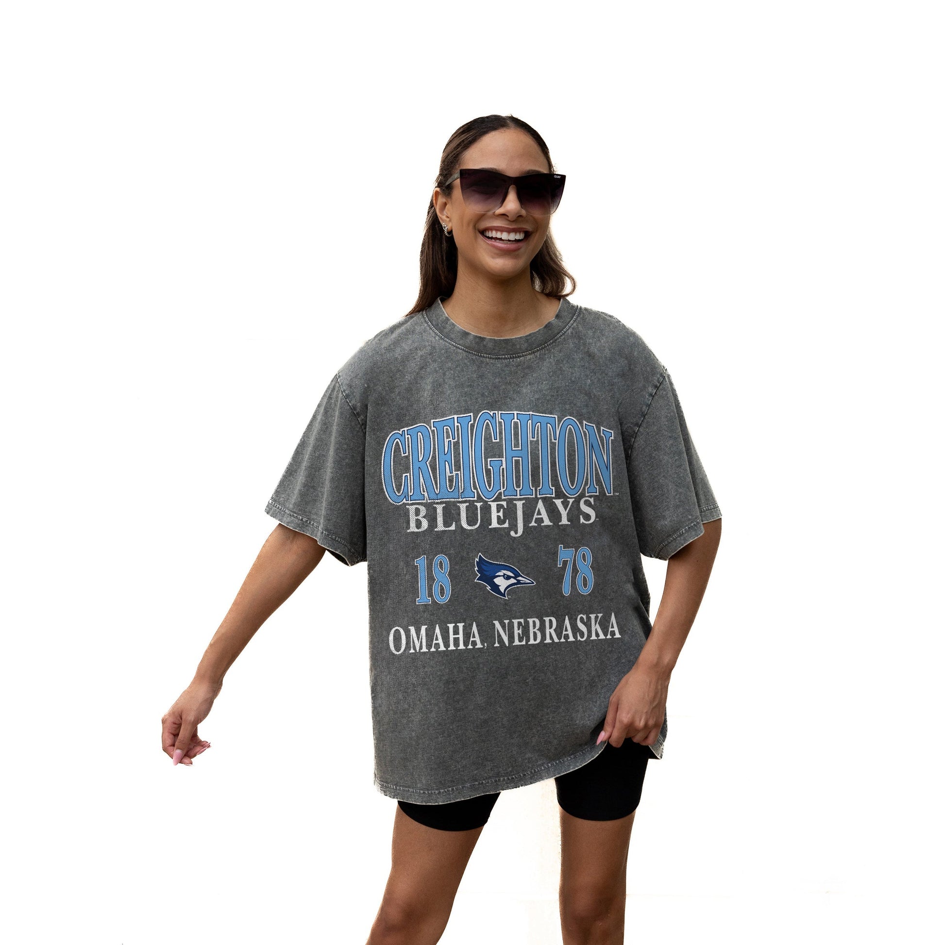 CREIGHTON BLUEJAYS THROWBACK RELAXED FIT SNOW WASH SHORT SLEEVE CLASSIC CREWNECK TEE WITH RIBBED NECKLINE