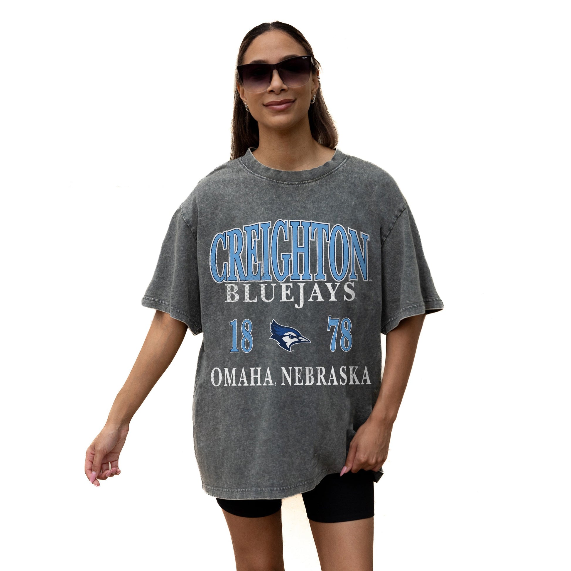 CREIGHTON BLUEJAYS THROWBACK RELAXED FIT SNOW WASH SHORT SLEEVE CLASSIC CREWNECK TEE WITH RIBBED NECKLINE