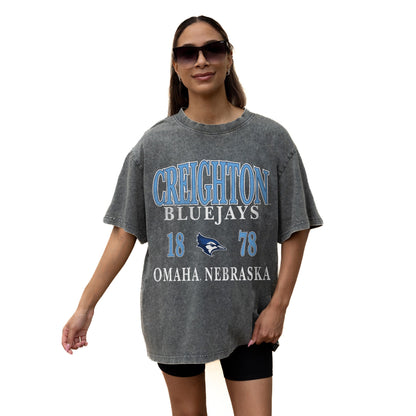 CREIGHTON BLUEJAYS THROWBACK RELAXED FIT SNOW WASH SHORT SLEEVE CLASSIC CREWNECK TEE WITH RIBBED NECKLINE