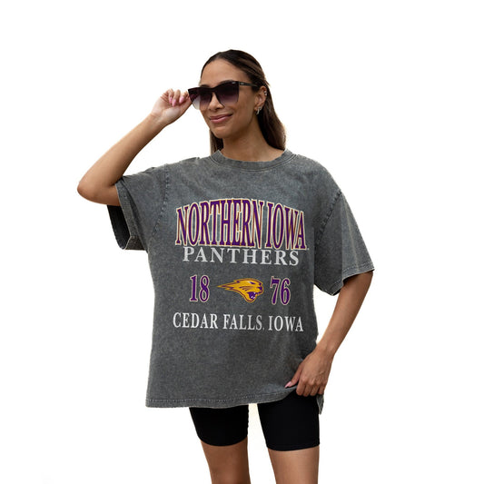 NORTHERN IOWA PANTHERS THROWBACK RELAXED FIT SNOW WASH SHORT SLEEVE CLASSIC CREWNECK TEE WITH RIBBED NECKLINE - The Club