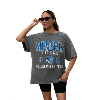 MEMPHIS TIGERS THROWBACK RELAXED FIT SNOW WASH SHORT SLEEVE CLASSIC CREWNECK TEE WITH RIBBED NECKLINE