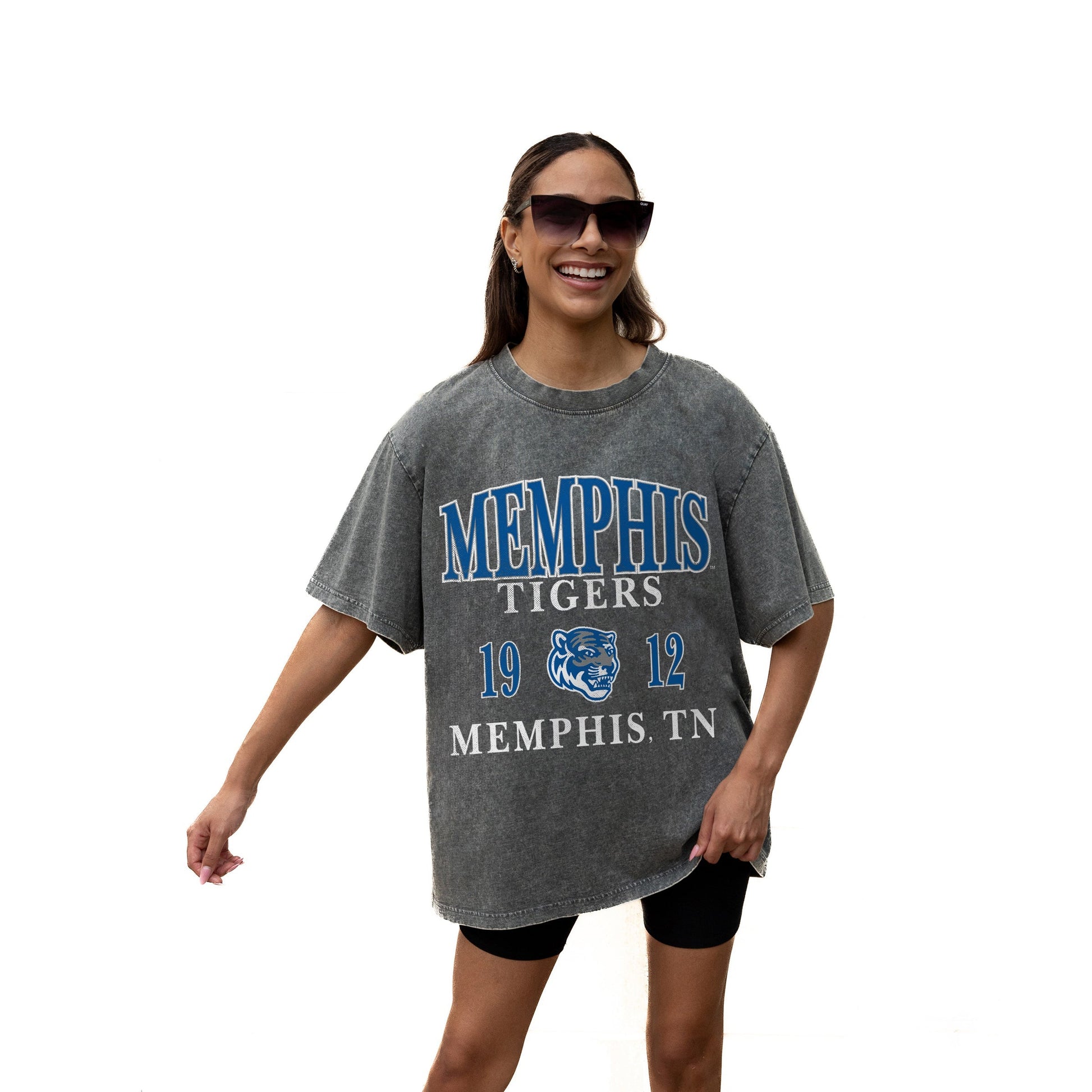 MEMPHIS TIGERS THROWBACK RELAXED FIT SNOW WASH SHORT SLEEVE CLASSIC CREWNECK TEE WITH RIBBED NECKLINE