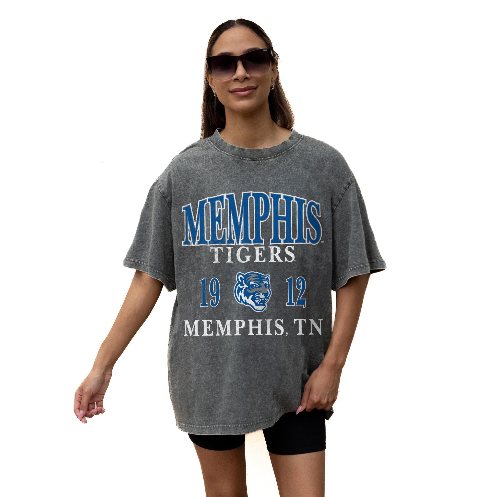 MEMPHIS TIGERS THROWBACK RELAXED FIT SNOW WASH SHORT SLEEVE CLASSIC CREWNECK TEE WITH RIBBED NECKLINE