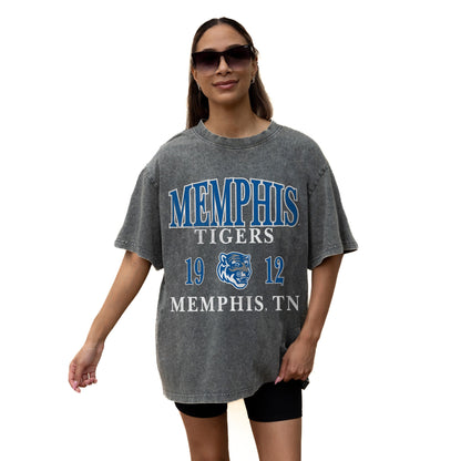 MEMPHIS TIGERS THROWBACK RELAXED FIT SNOW WASH SHORT SLEEVE CLASSIC CREWNECK TEE WITH RIBBED NECKLINE