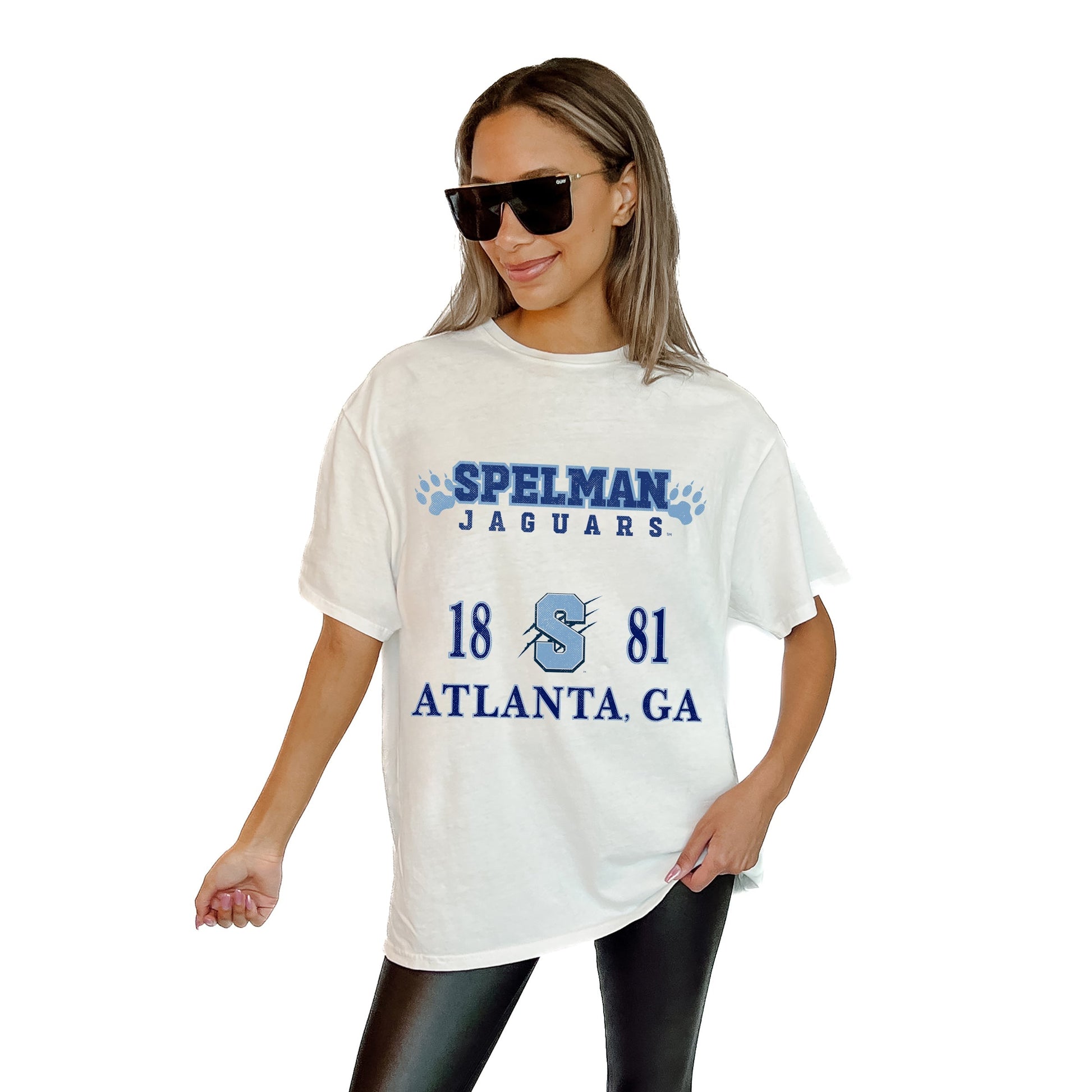 SPELMAN COLLEGE JAGUARS UNITY RELAXED FIT SHORT SLEEVE CLASSIC CREWNECK TEE WITH RIBBED NECKLINE