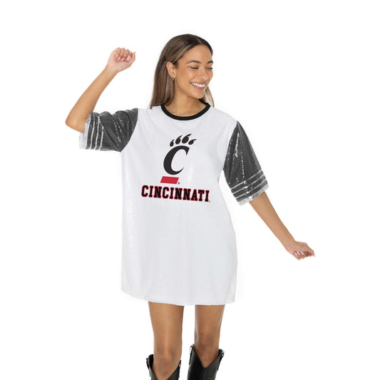 CINCINNATI BEARCATS BLING IT FULL SEQUIN FASHION JERSEY TUNIC DRESS WITH SPORTS STRIPE SLEEVE DETAIL AND LIGHTWEIGHT GARMENT LINING - The Club