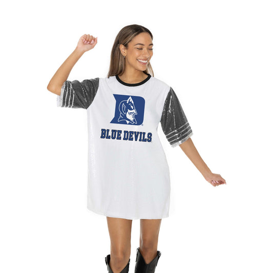 DUKE BLUE DEVILS BLING IT FULL SEQUIN FASHION JERSEY TUNIC DRESS WITH SPORTS STRIPE SLEEVE DETAIL AND LIGHTWEIGHT GARMENT LINING - The Club