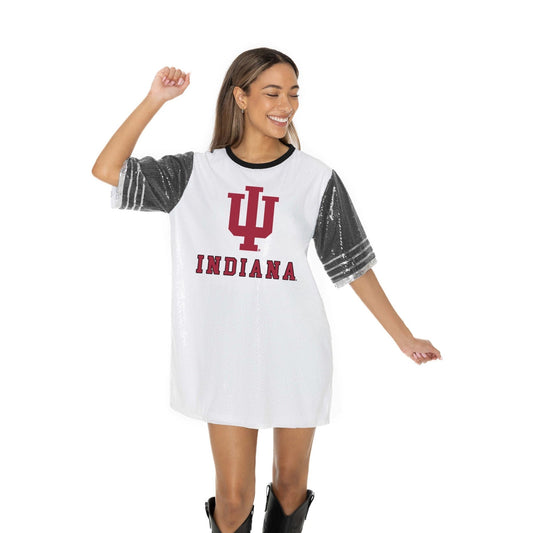 INDIANA HOOSIERS BLING IT FULL SEQUIN FASHION JERSEY TUNIC DRESS WITH SPORTS STRIPE SLEEVE DETAIL AND LIGHTWEIGHT GARMENT LINING - The Club