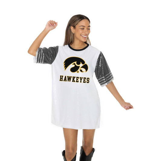 IOWA HAWKEYES BLING IT FULL SEQUIN FASHION JERSEY TUNIC DRESS WITH SPORTS STRIPE SLEEVE DETAIL AND LIGHTWEIGHT GARMENT LINING - The Club