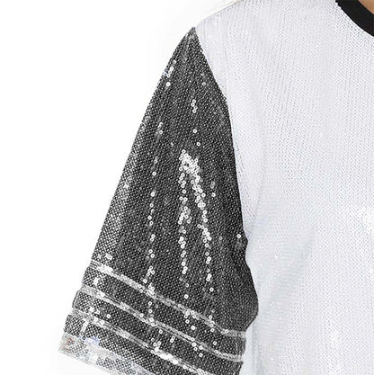 IOWA HAWKEYES BLING IT FULL SEQUIN FASHION JERSEY TUNIC DRESS WITH SPORTS STRIPE SLEEVE DETAIL AND LIGHTWEIGHT GARMENT LINING - The Club