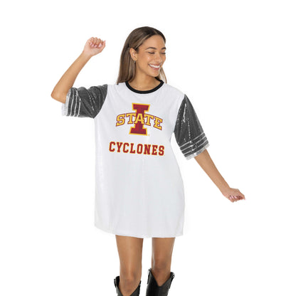 IOWA STATE CYCLONES BLING IT FULL SEQUIN FASHION JERSEY TUNIC DRESS WITH SPORTS STRIPE SLEEVE DETAIL AND LIGHTWEIGHT GARMENT LINING