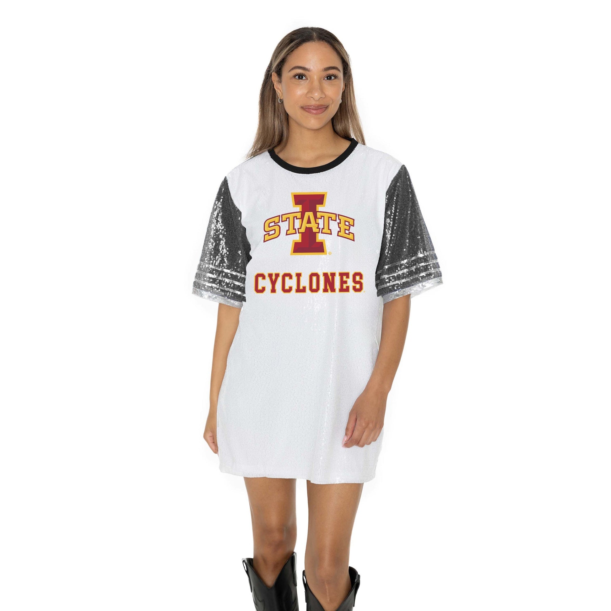 IOWA STATE CYCLONES BLING IT FULL SEQUIN FASHION JERSEY TUNIC DRESS WITH SPORTS STRIPE SLEEVE DETAIL AND LIGHTWEIGHT GARMENT LINING