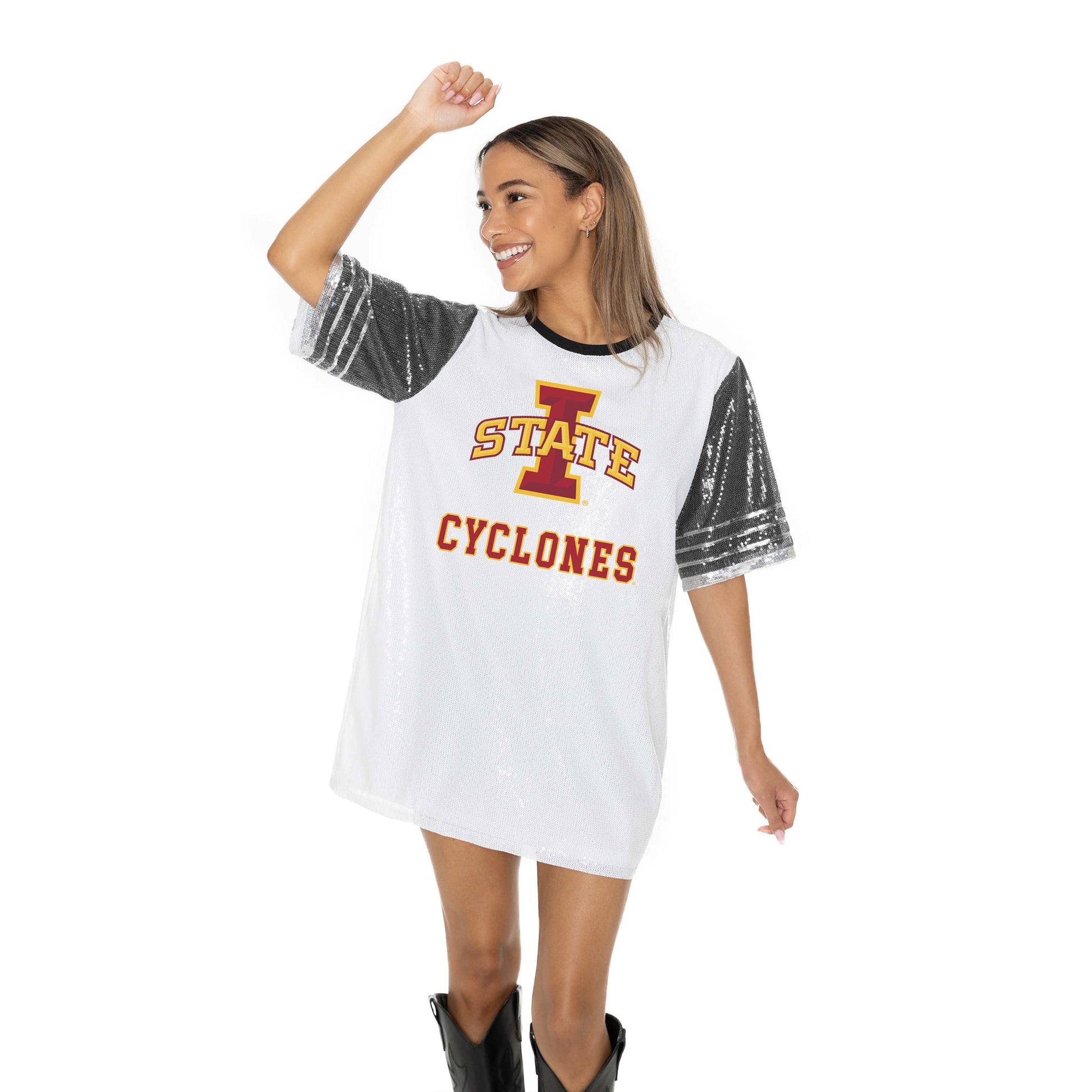 IOWA STATE CYCLONES BLING IT FULL SEQUIN FASHION JERSEY TUNIC DRESS WITH SPORTS STRIPE SLEEVE DETAIL AND LIGHTWEIGHT GARMENT LINING