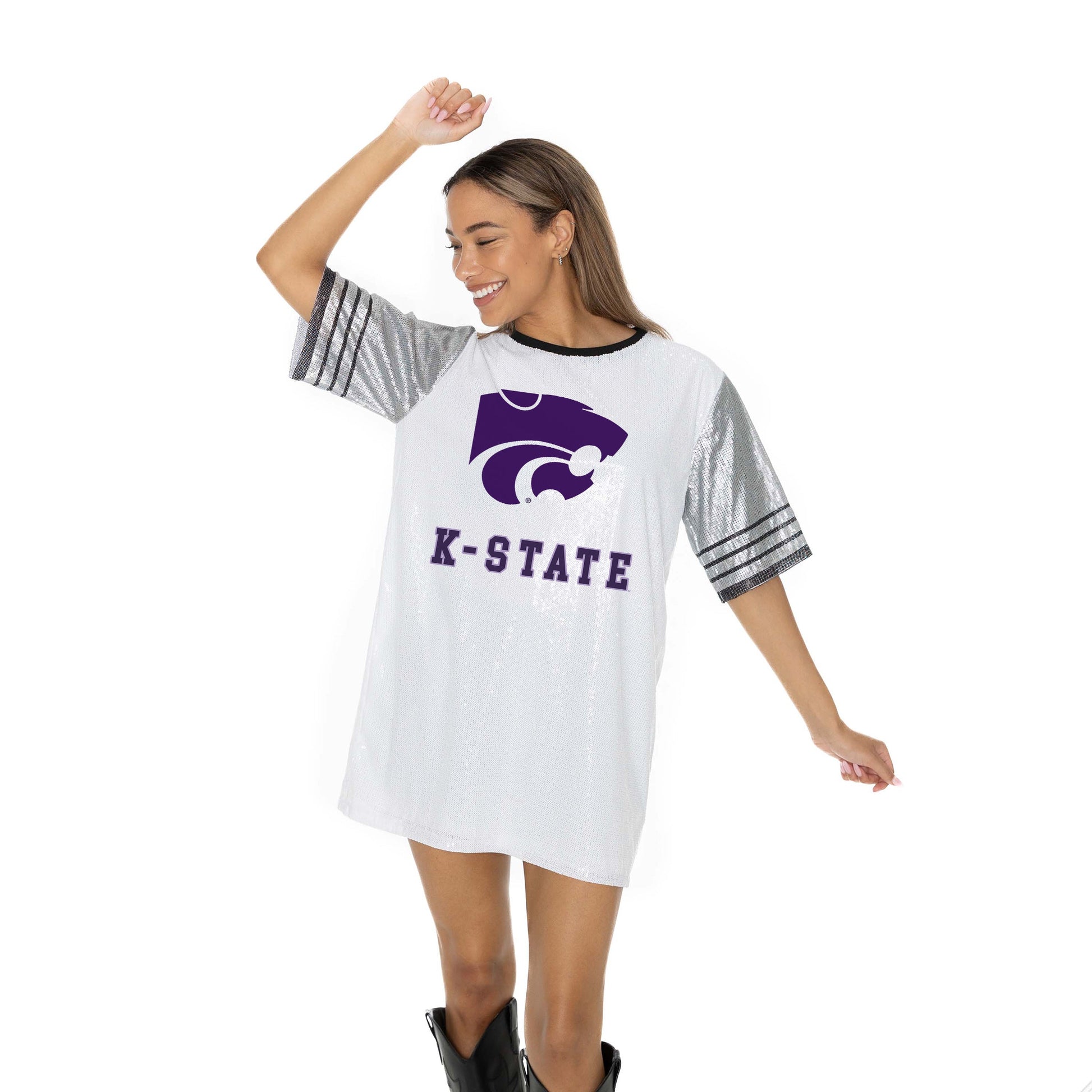 KANSAS STATE WILDCATS BLING IT FULL SEQUIN FASHION JERSEY TUNIC DRESS WITH SPORTS STRIPE SLEEVE DETAIL AND LIGHTWEIGHT GARMENT LINING