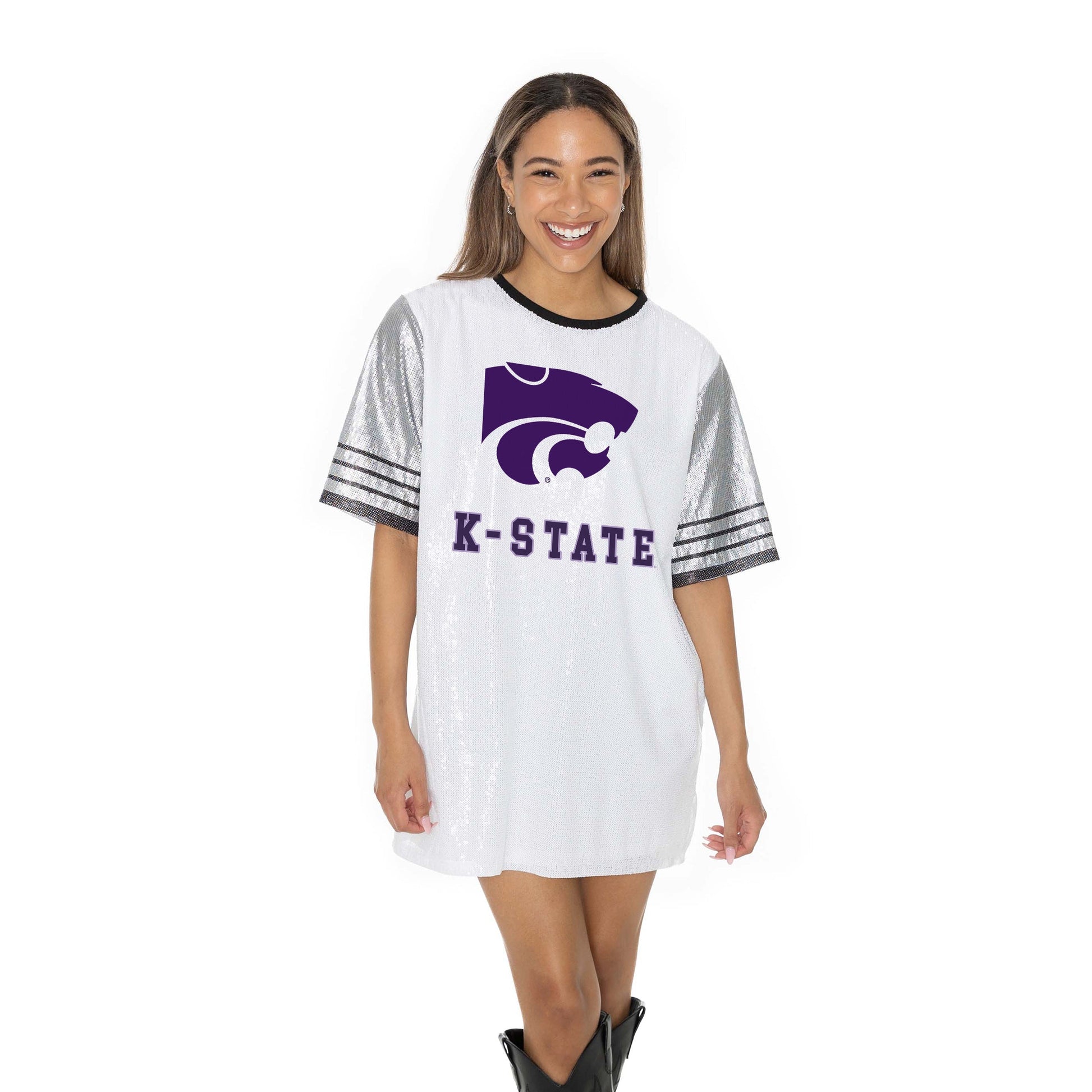 KANSAS STATE WILDCATS BLING IT FULL SEQUIN FASHION JERSEY TUNIC DRESS WITH SPORTS STRIPE SLEEVE DETAIL AND LIGHTWEIGHT GARMENT LINING