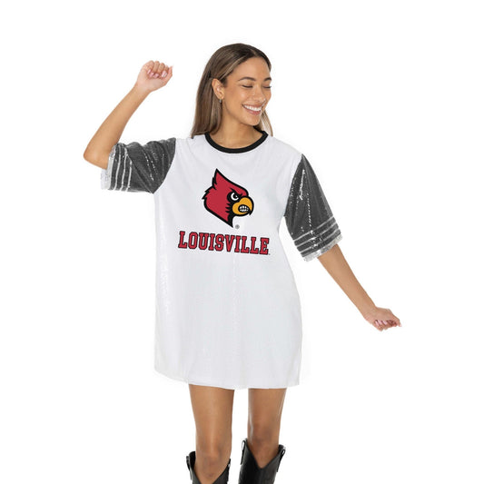 LOUISVILLE CARDINALS BLING IT FULL SEQUIN FASHION JERSEY TUNIC DRESS WITH SPORTS STRIPE SLEEVE DETAIL AND LIGHTWEIGHT GARMENT LINING - The Club