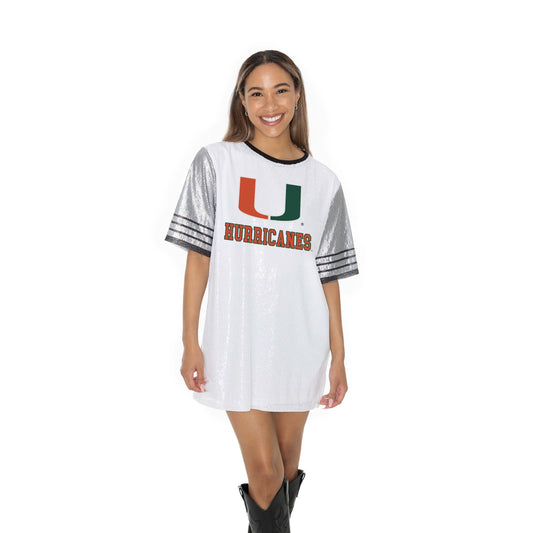 MIAMI HURRICANES BLING IT FULL SEQUIN FASHION JERSEY TUNIC DRESS WITH SPORTS STRIPE SLEEVE DETAIL AND LIGHTWEIGHT GARMENT LINING