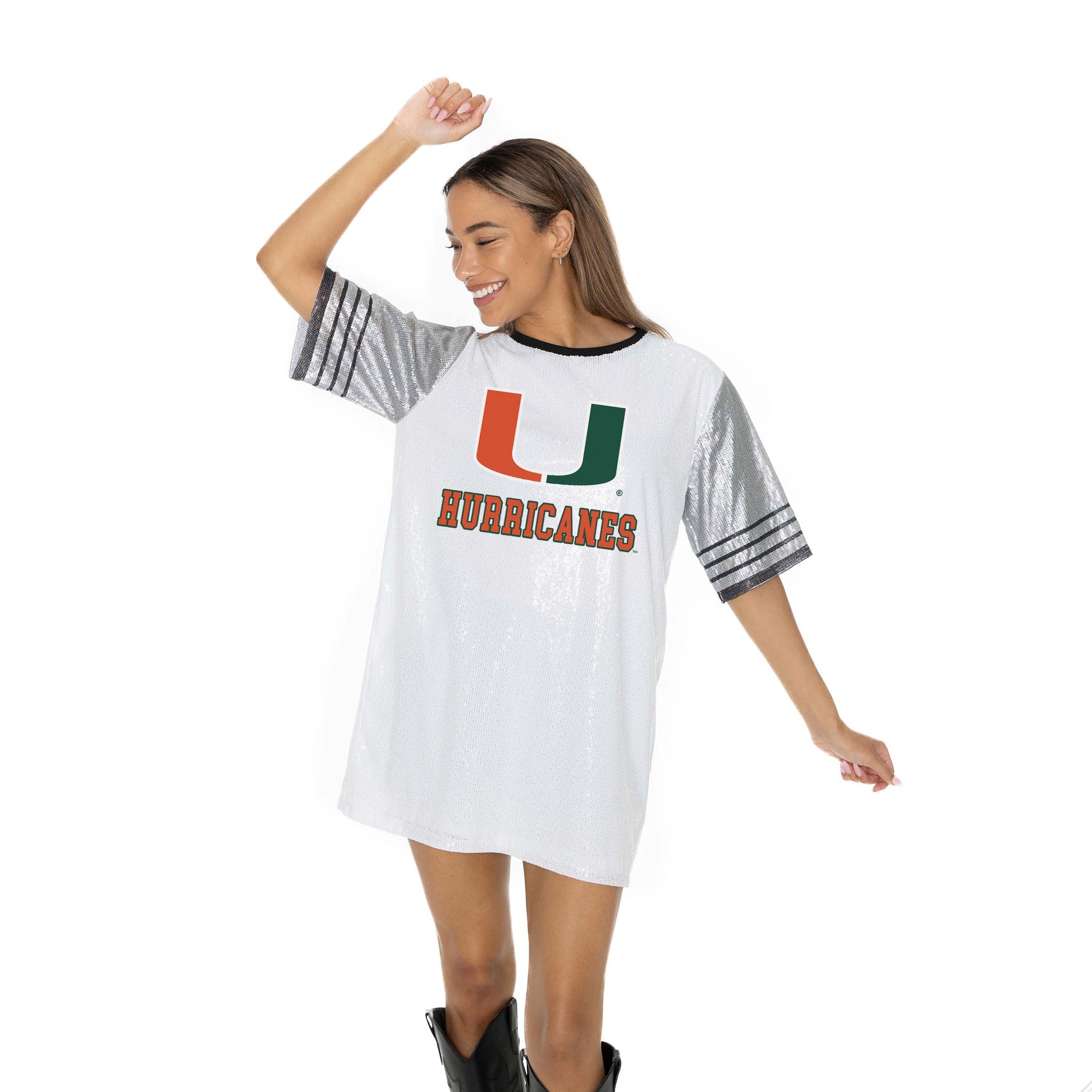 MIAMI HURRICANES BLING IT FULL SEQUIN FASHION JERSEY TUNIC DRESS WITH SPORTS STRIPE SLEEVE DETAIL AND LIGHTWEIGHT GARMENT LINING
