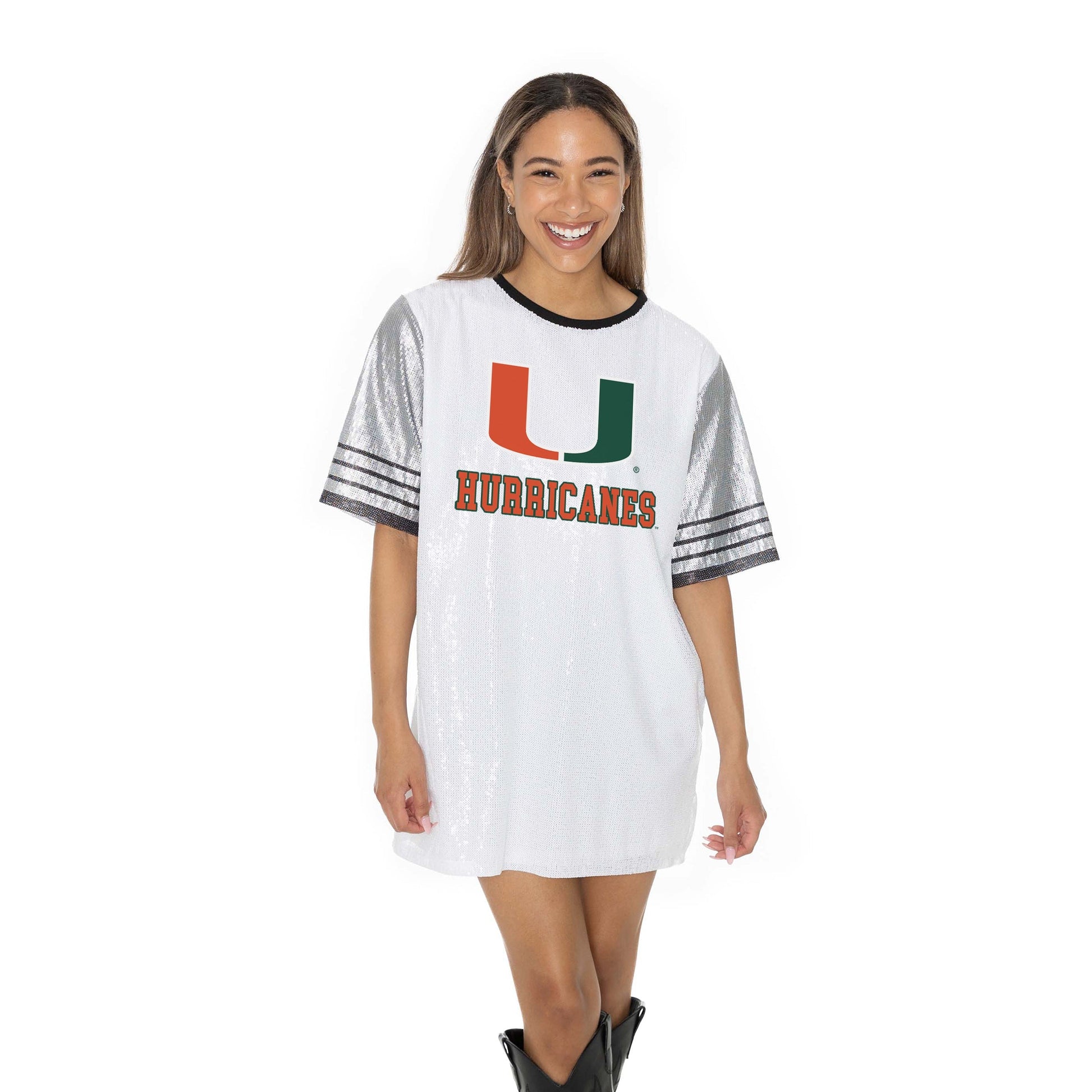 MIAMI HURRICANES BLING IT FULL SEQUIN FASHION JERSEY TUNIC DRESS WITH SPORTS STRIPE SLEEVE DETAIL AND LIGHTWEIGHT GARMENT LINING