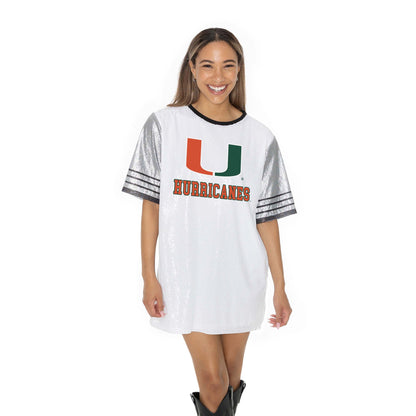 MIAMI HURRICANES BLING IT FULL SEQUIN FASHION JERSEY TUNIC DRESS WITH SPORTS STRIPE SLEEVE DETAIL AND LIGHTWEIGHT GARMENT LINING